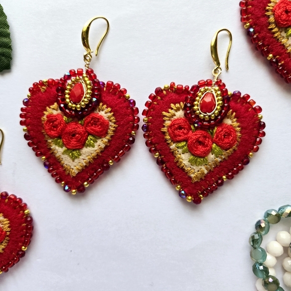 Hand Embroidered Heart Earrings - Picture 7 of 7